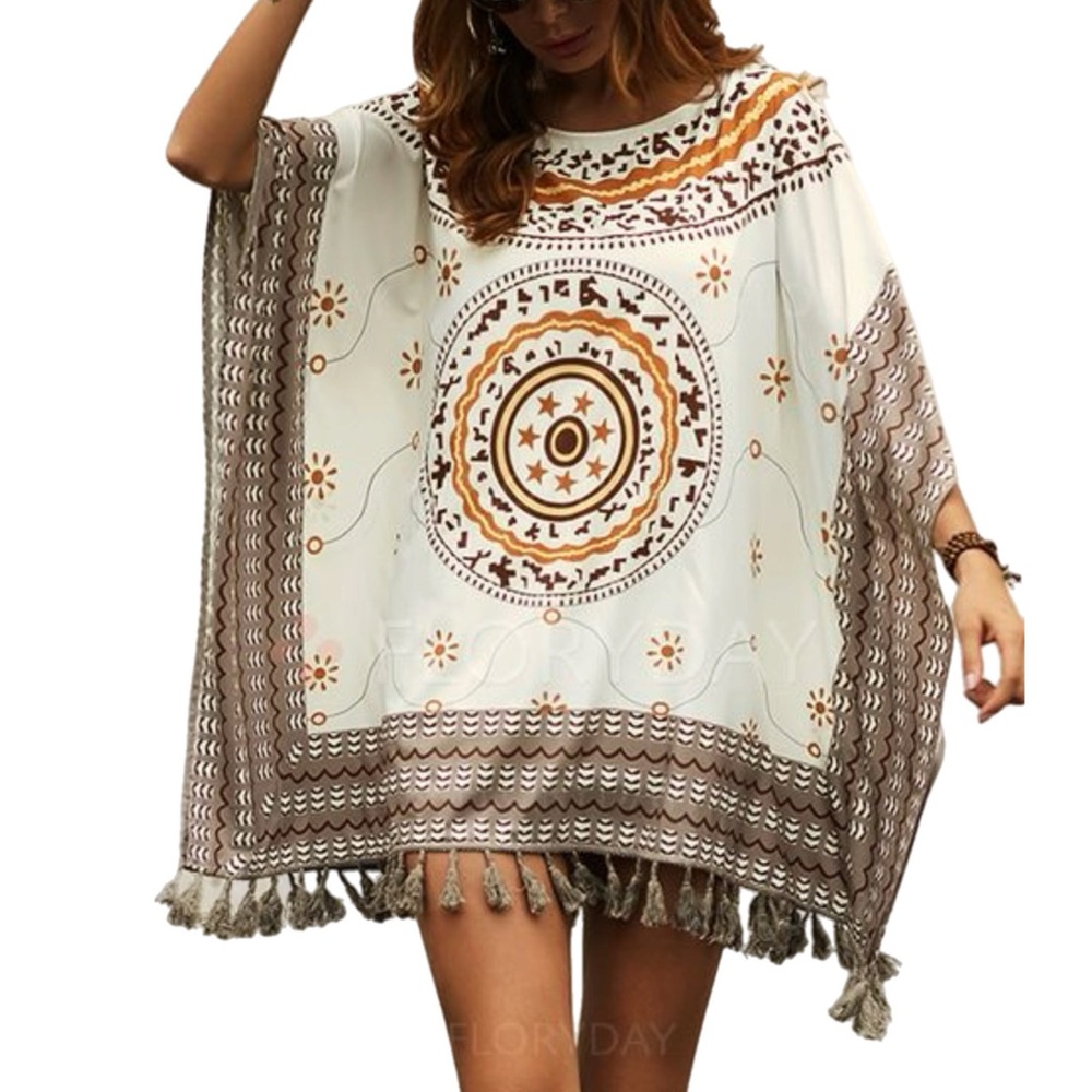 Floryday Boho Medallion Fringe Coverup Top Tunic Kaftan Poncho L